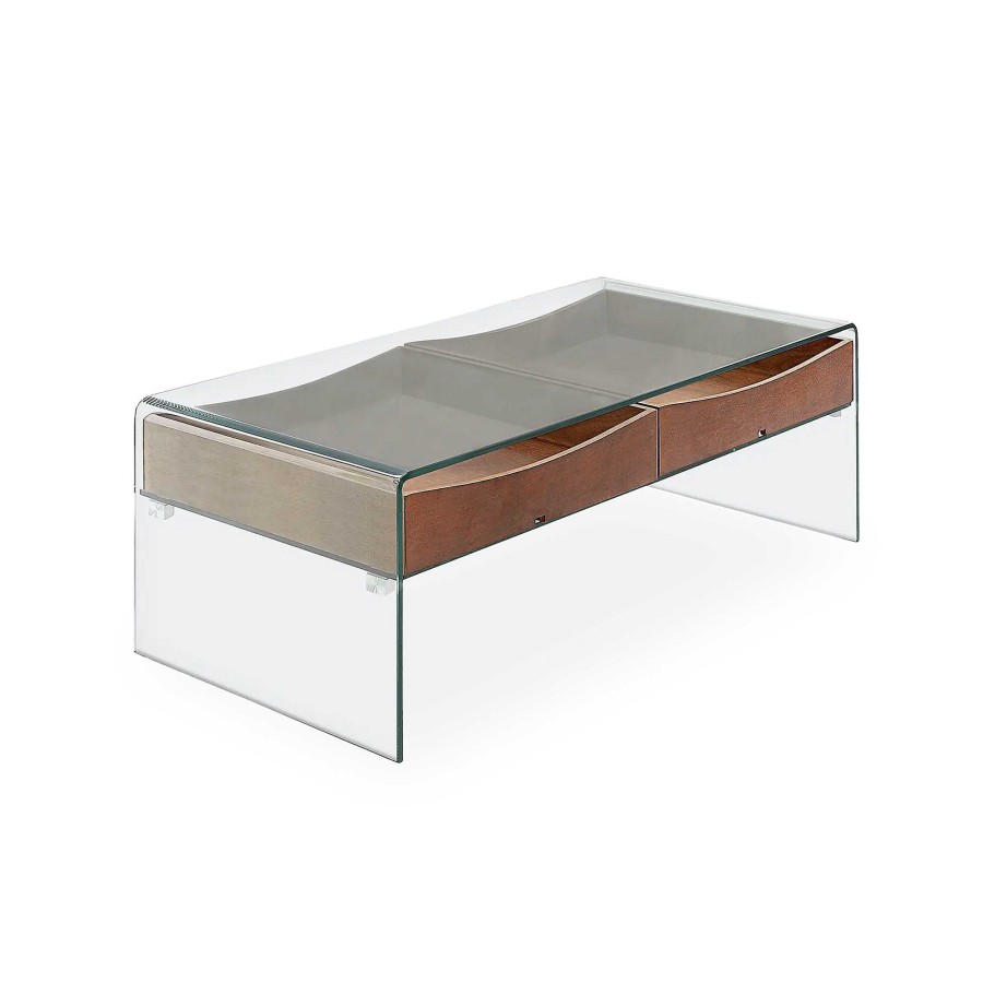 Mesas Northdeco Mesa De Centro Cristal Y Madera Kent 120 Cm X 60 Cm Nogal